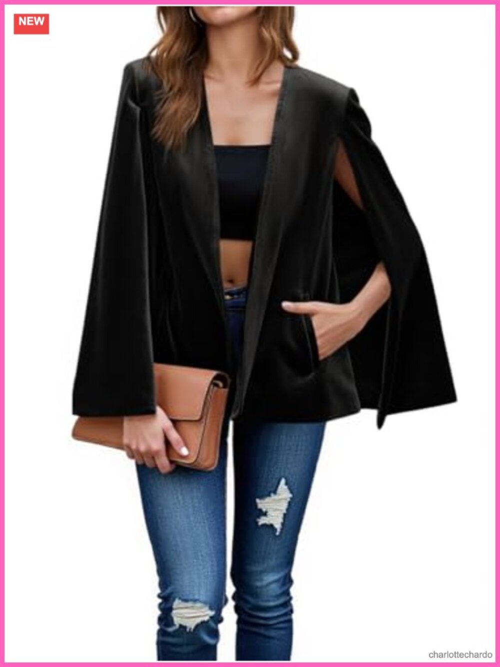 Velvet Cape Blazer Split Long Sleeve Open Front Jacket